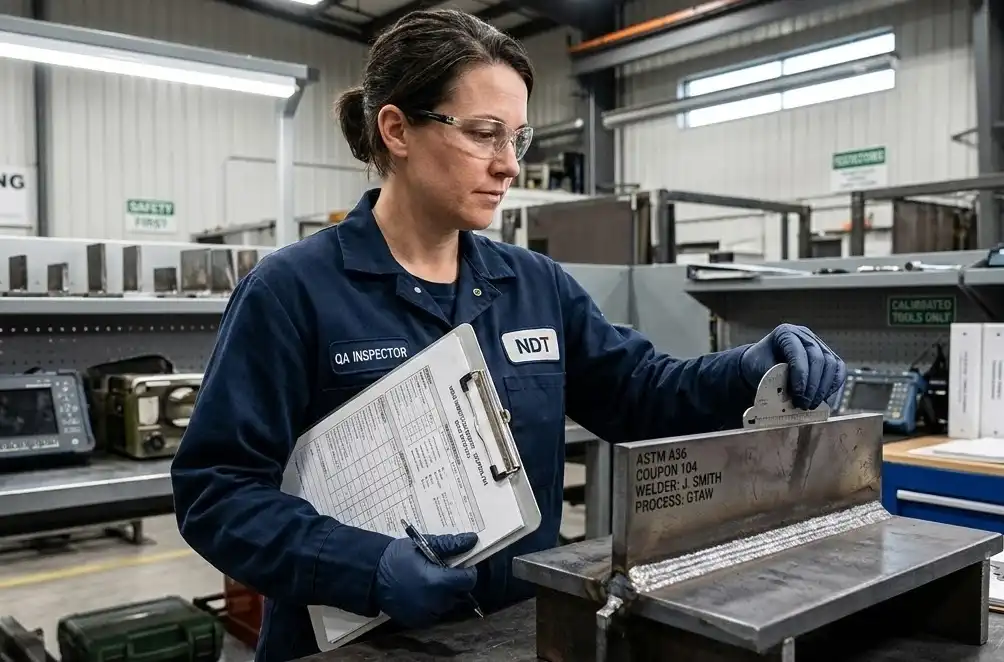 A professional welding inspector holding a clipboard and visually inspecting a recently completed steel plate weld coupon in a clean industrial testing facility, realistic engineering photography.
