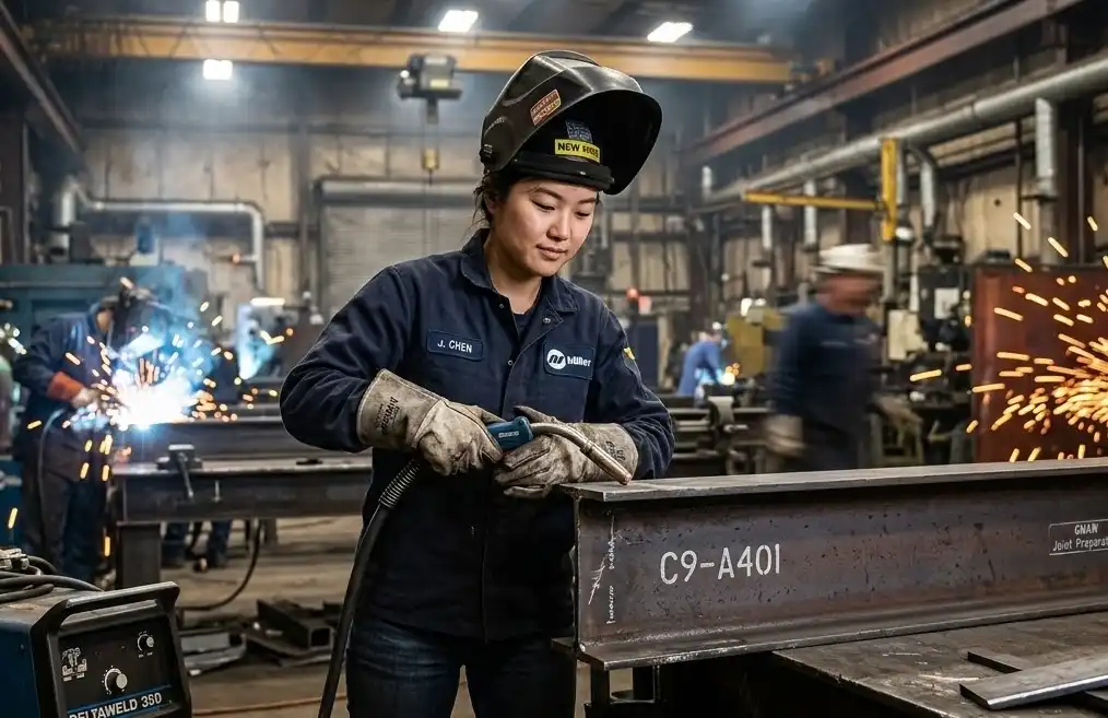 A confident newly hired welder in a bustling fabrication shop, preparing to start a weld on a heavy steel beam, industrial background with machinery and sparks, shallow depth of field.