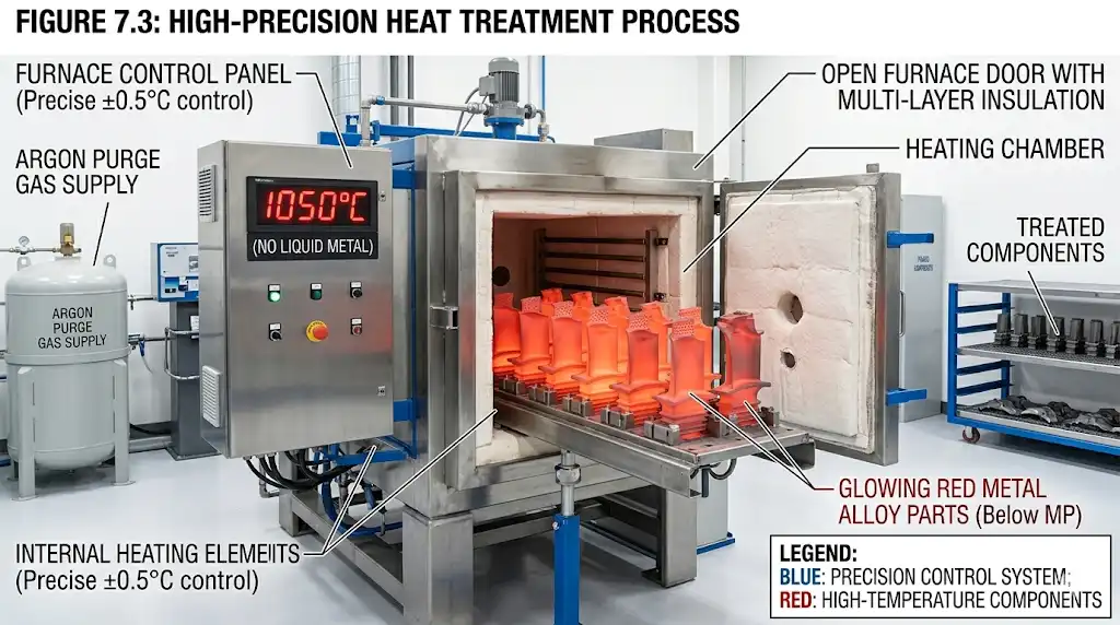A professional industrial photograph of a high-temperature heat treatment furnace with glowing red metal alloy parts inside. The image should convey precise thermal control below the melting point, with no liquid metal present. Clean manufacturing environment.