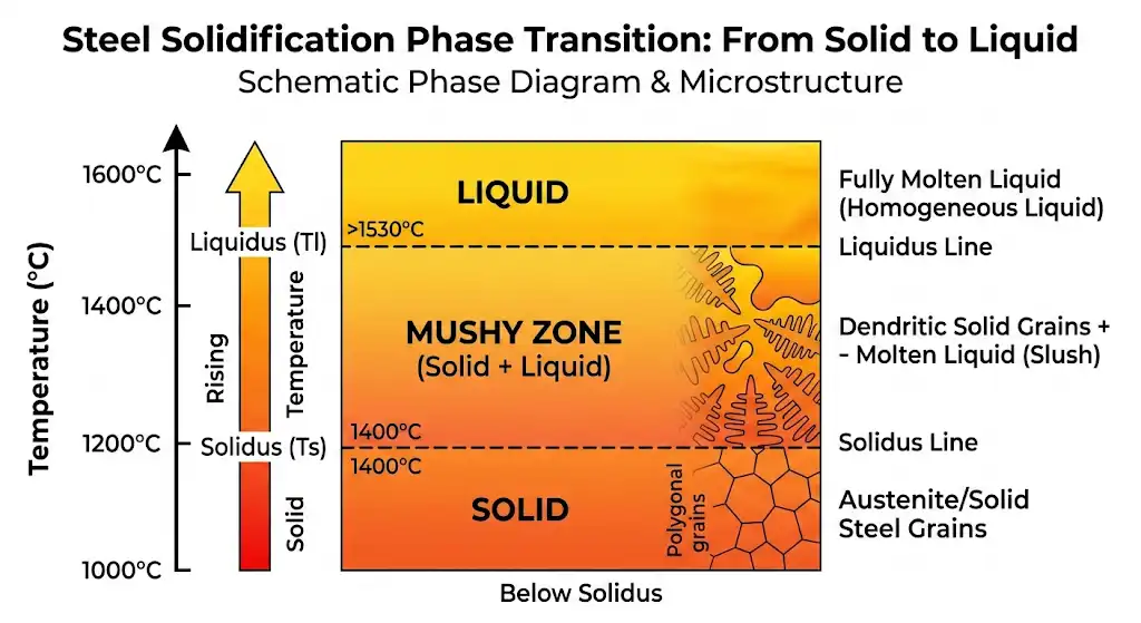 A clean, educational infographic or simplified phase diagram showing the transition of steel from solid (below solidus) to a "mushy zone" (between solidus and liquidus) to fully liquid. Use warm color gradients (red to orange to yellow) to indicate temperature rise, with clear, modern typography labeling 'Solid', 'Mushy Zone (Solid + Liquid)', and 'Liquid'.