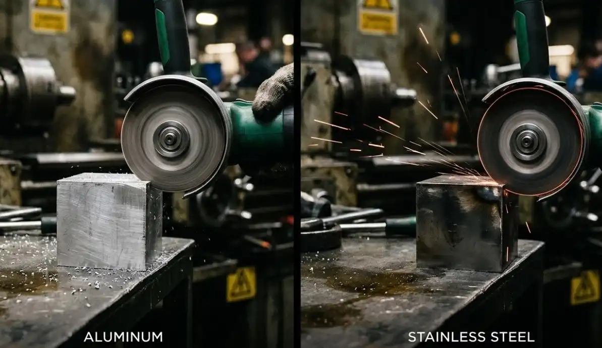 A split-screen macro photography image comparing a spark test on two metals using an angle grinder. On the left (aluminum), there are absolutely no sparks being produced. On the right (stainless steel), there are sparse, short orange-red sparks flying off the grinding wheel. High contrast, dark industrial background.