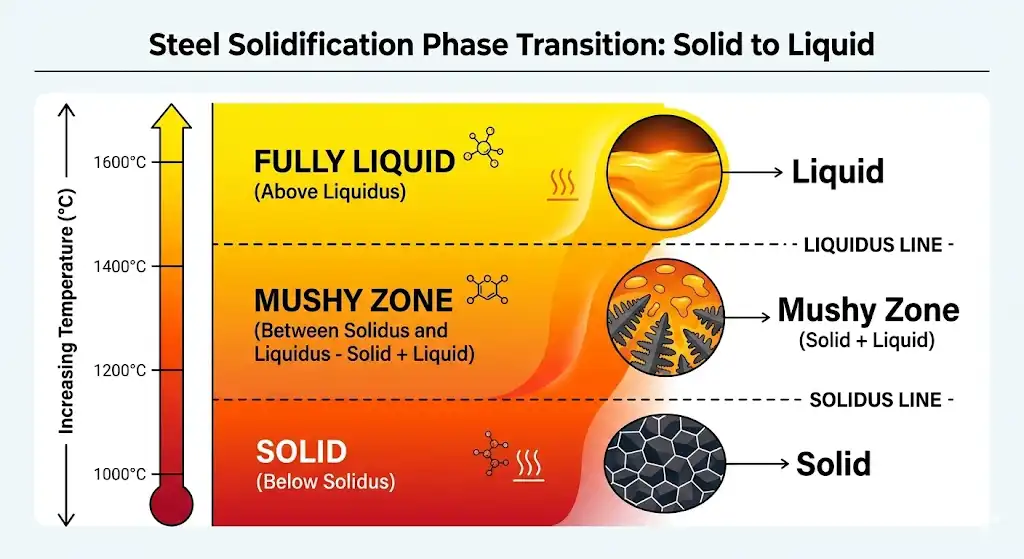 Why steel melts over a range and not at one temperature