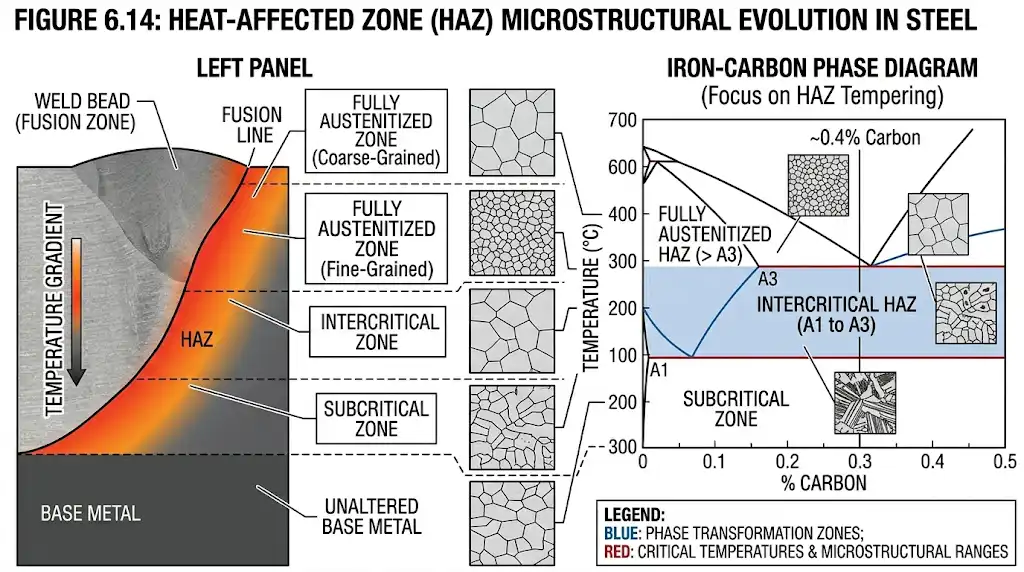 A technical diagram of a weld cross-section showing the Heat-Affected Zone (HAZ) in steel, illustrating the temperature gradients and the resulting microstructural regions (fully austenitized, intercritical, subcritical) mapped alongside the iron-carbon phase diagram. Engineering textbook style, clean and educational.