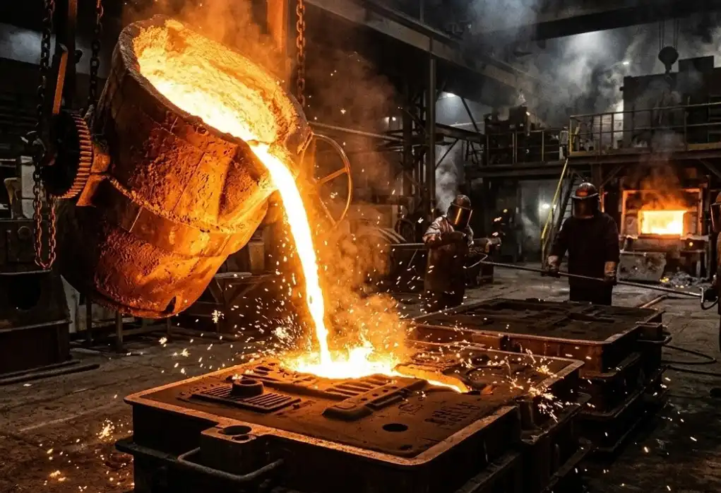 A dramatic, high-contrast industrial photo of glowing, liquid molten steel being poured from a refractory crucible into a sand mold in a foundry. Bright orange and yellow liquid metal, with a few sparks, conveying the concept of 'superheat' above the melting point.