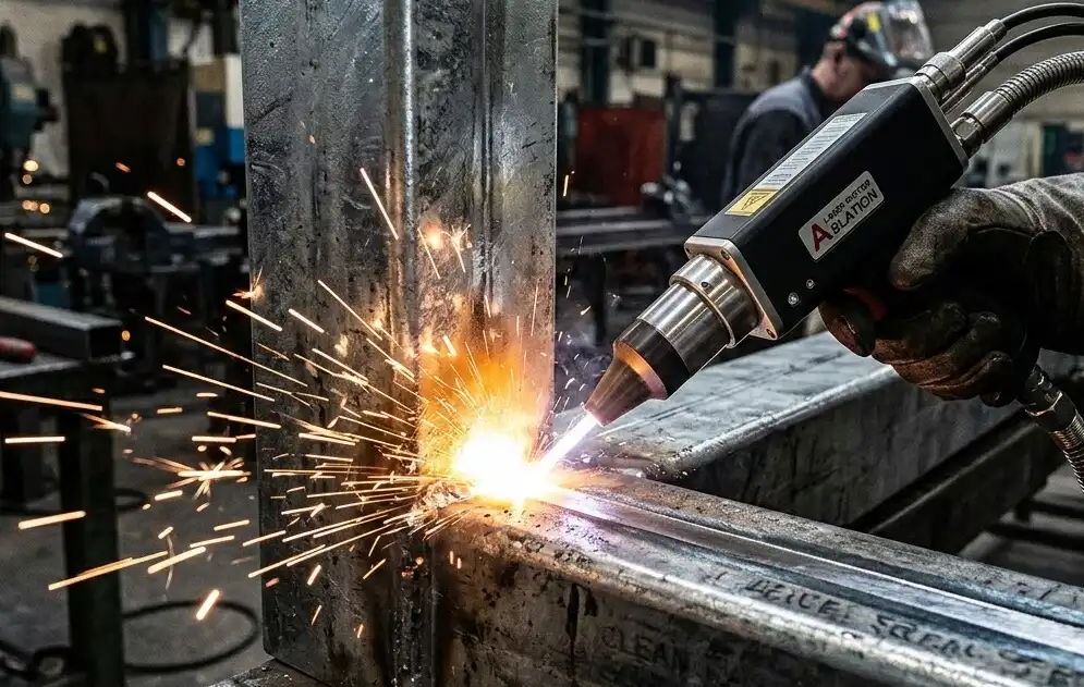 A close-up macro shot of a high-tech handheld laser ablation tool precisely vaporizing the shiny zinc coating from a galvanized steel joint, revealing clean bare metal ready for welding, glowing sparks, industrial manufacturing environment.