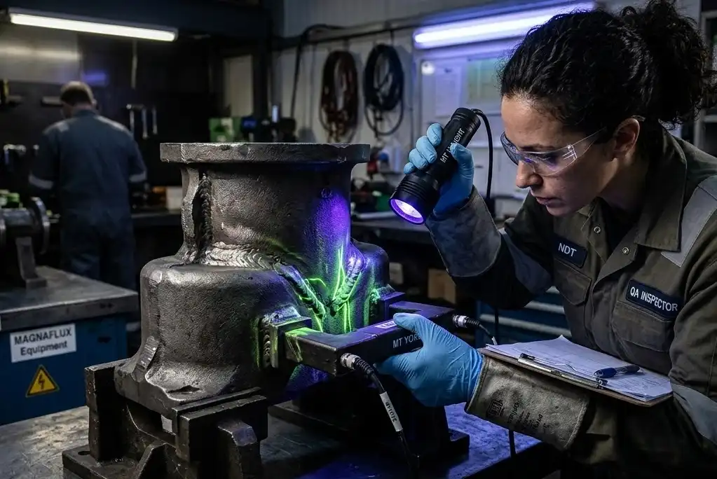 A quality control inspector performing magnetic particle testing (MT) on a welded cast iron part under an ultraviolet black light, showing glowing bright green/yellow fluorescent lines where tiny surface cracks are detected, technical engineering environment.