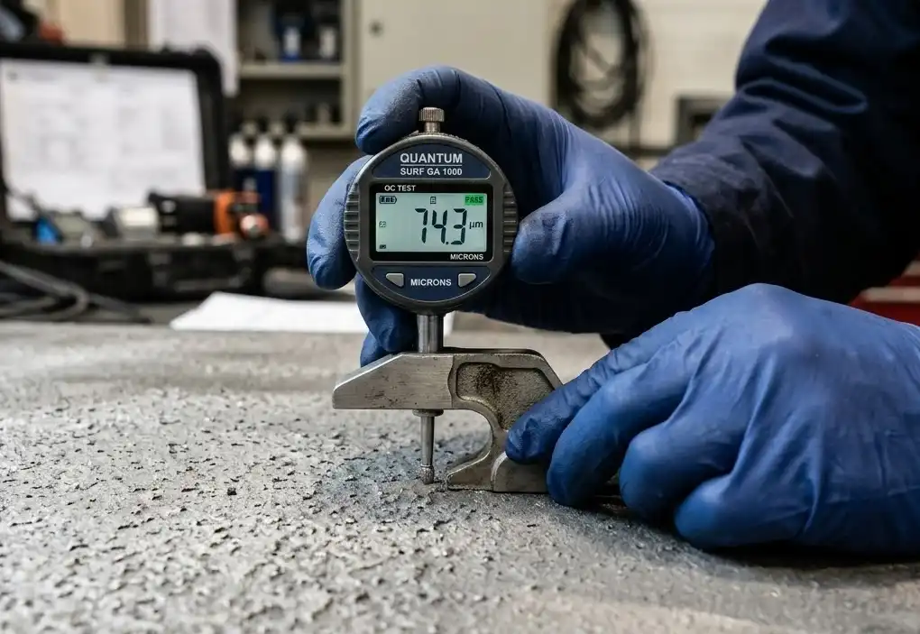 A close-up of a quality control inspector's hands using a digital surface profile gauge (depth micrometer) on a freshly sandblasted steel plate, wearing blue nitrile gloves, industrial testing environment, sharp focus.