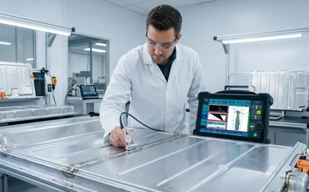 An industrial quality control engineer inspecting a metal EV battery tray weld using an advanced phased-array ultrasonic testing (PAUT) device, displaying a digital defect scan on a modern screen, clean laboratory setting, high resolution.
