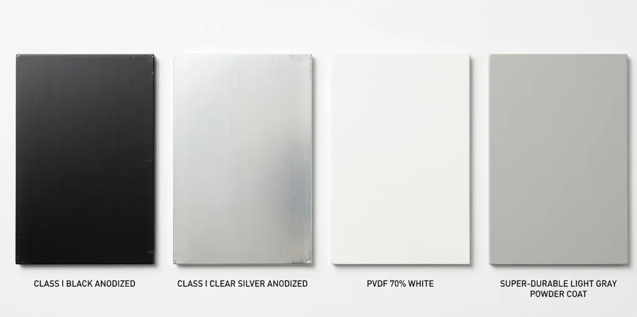 A professional product photography shot showing four aluminum swatches side-by-side: Class I Black Anodized, Class I Clear Silver Anodized, PVDF 70% White, and Super-Durable Light Gray Powder Coat, clean lighting, isolated on white background.