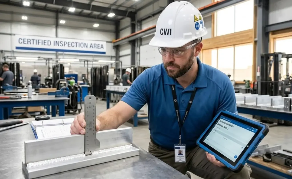 A professional Certified Welding Inspector (CWI) in a bright modern workshop, wearing a white hard hat and safety glasses, carefully measuring a clean weld bead with a professional gauge, holding a digital tablet, high-resolution.