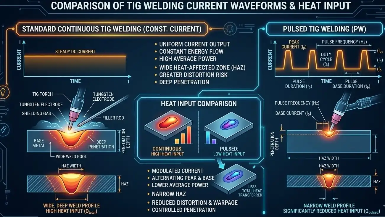 A clean, modern technical infographic comparing standard continuous welding current vs pulsed welding current waveforms, showing how pulse TIG significantly reduces overall heat input, dark blue background with glowing graph lines, engineering style.