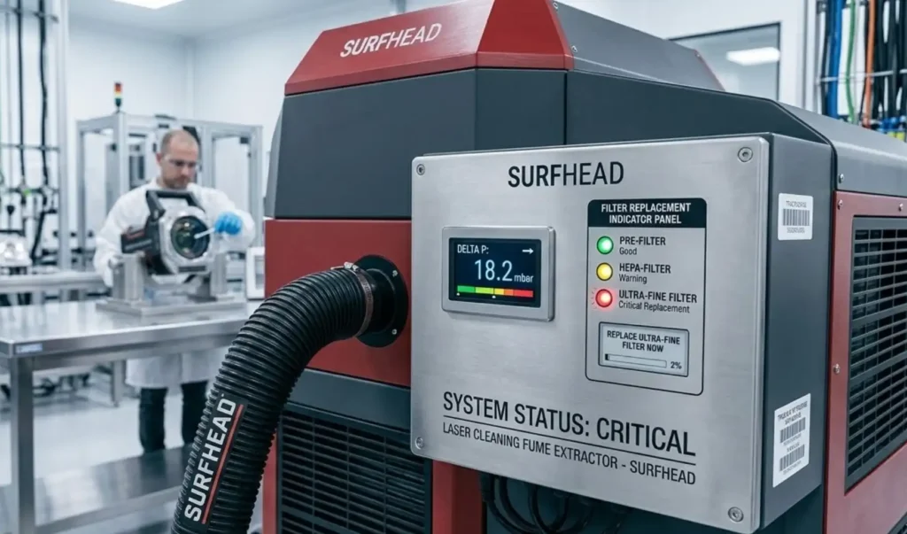 A modern heavy-duty industrial fume extraction unit connected to a laser cleaning system, focusing on the digital differential pressure (Delta P) gauge and filter replacement indicator panel, clean manufacturing facility background.