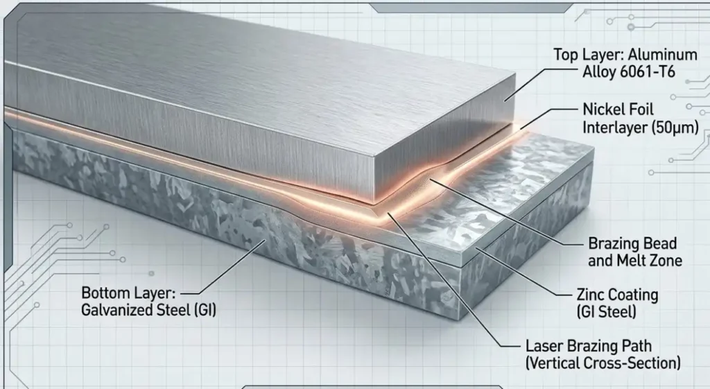 A highly detailed 3D macro cross-section illustration of a laser brazed lap joint, showing a top layer of aluminum and a bottom layer of galvanized steel, separated by a glowing thin nickel foil interlayer, technical engineering diagram style, sleek and modern.