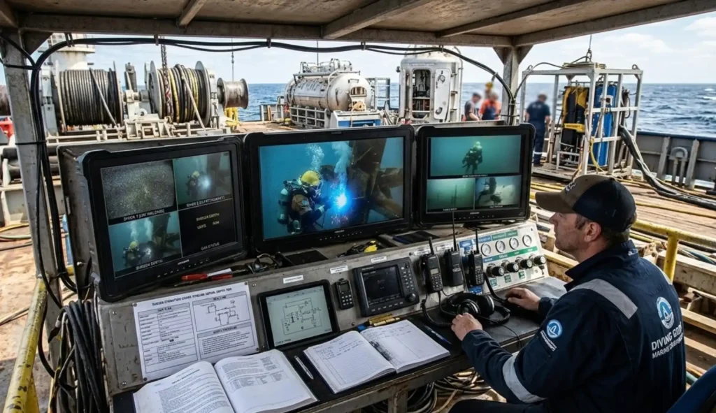 A top-side view of a commercial diving control station on a ship deck, a supervisor looking at multiple monitor screens showing underwater camera feeds of a diver welding, communication equipment, safety charts, professional marine engineering environment, high-resolution.