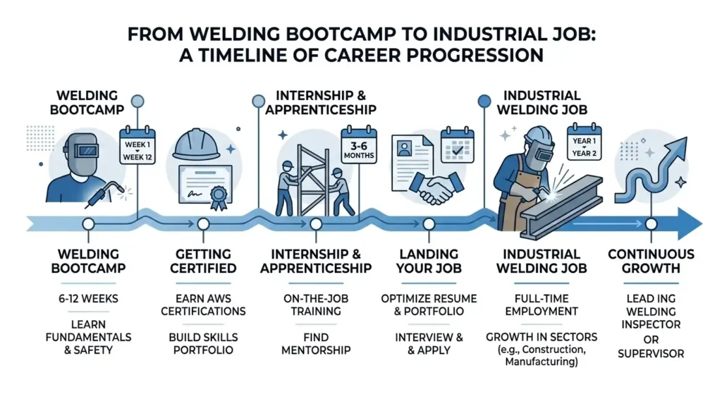A clean, modern infographic style illustration showing a timeline of career progression, starting from a welding bootcamp to an industrial job, featuring icons of welding torches, hard hats, and calendars, blue and grey color palette, minimalist design.