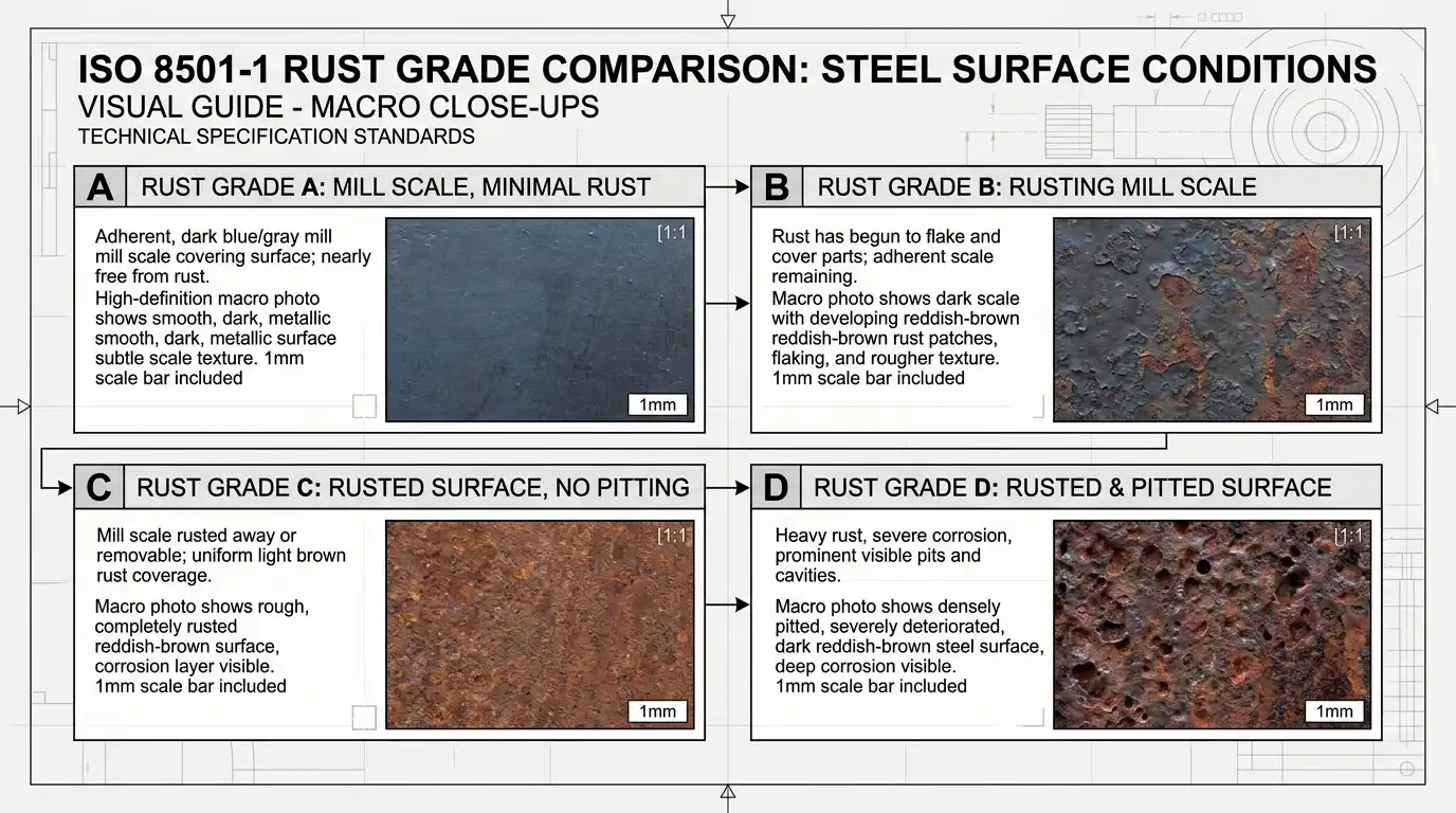 A visual comparison chart showing four macro close-ups of steel surfaces, representing ISO 8501-1 rust grades A, B, C, and D, transitioning from clean mill scale to heavy pitted rust, technical engineering style.