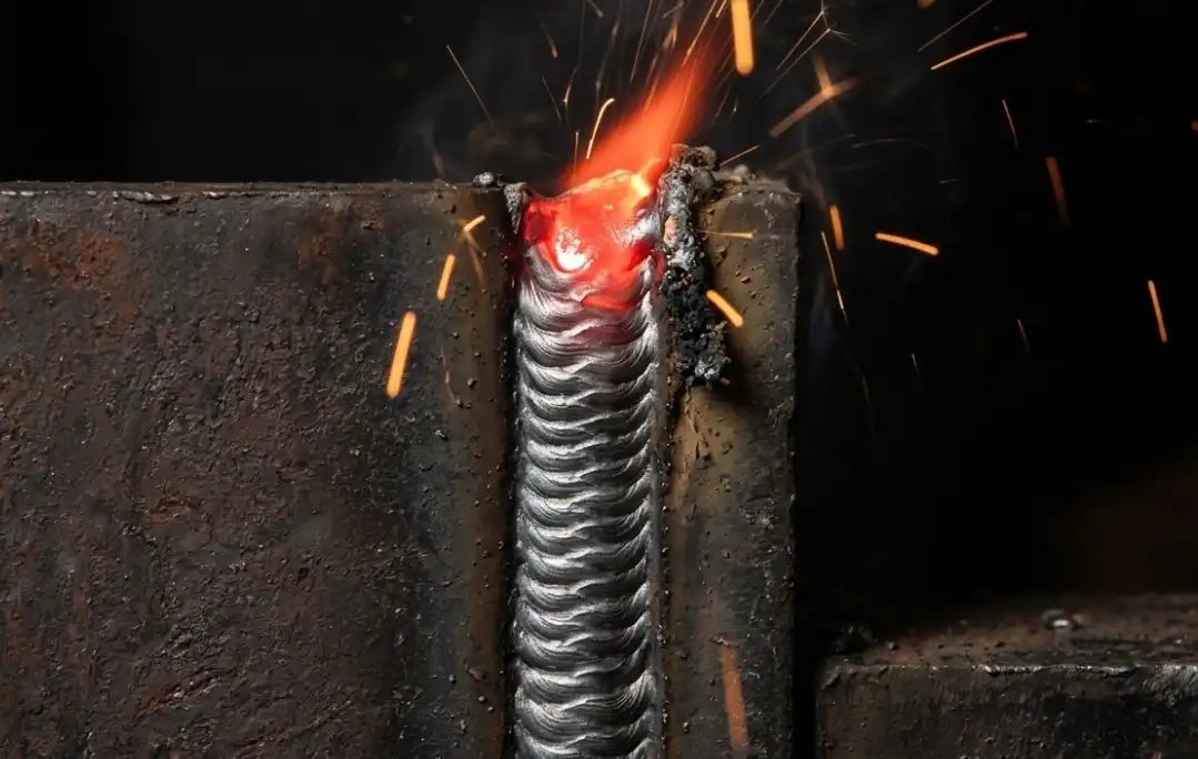 A close-up macro shot of a perfect vertical-up stick weld bead on thick steel plate, showing the classic 'stacked dimes' rippled texture of an E7018 electrode, glowing red hot at the top of the weld pool, dark background with flying sparks.