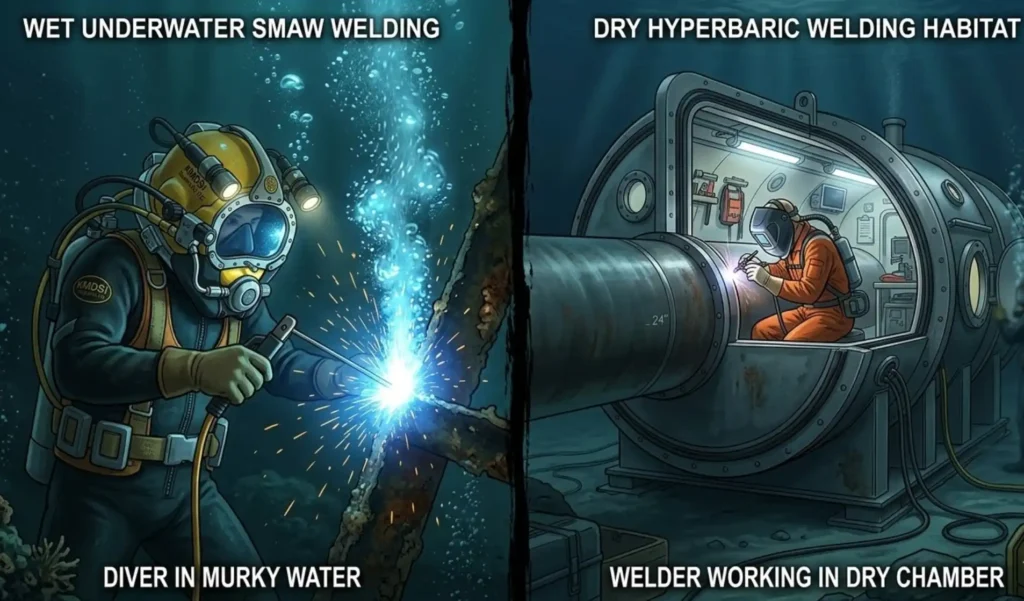 A split-screen digital illustration showing two types of underwater welding: on the left, a diver in dark water doing wet SMAW welding with sparks and bubbles; on the right, a dry hyperbaric welding habitat chamber sealed around a pipe with a welder working inside in a dry, brightly lit environment.