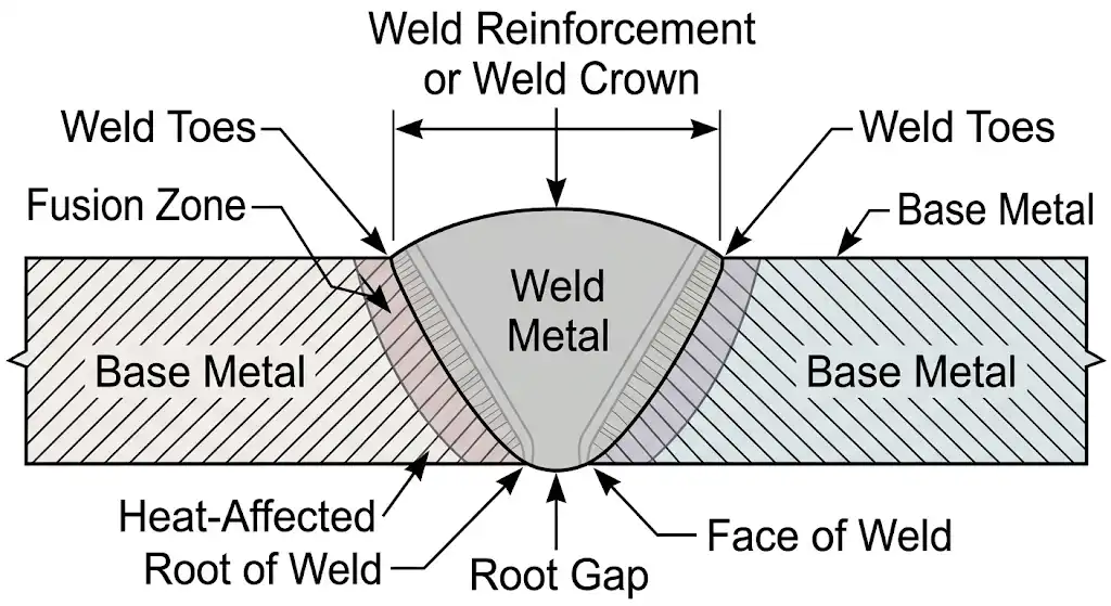 A clear technical illustration showing a cross-section of a butt weld joint. The diagram clearly highlights the 'Weld Reinforcement' or 'Weld Crown' rising above the base metal. The 'Weld Toes' and 'Base Metal' are also clearly labeled. Engineering textbook style, clean and educational.