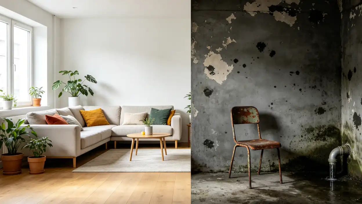 A visual comparison between a clean living room and a damp basement corner where mold typically grows, highlighting the environments where mold smells are most common.