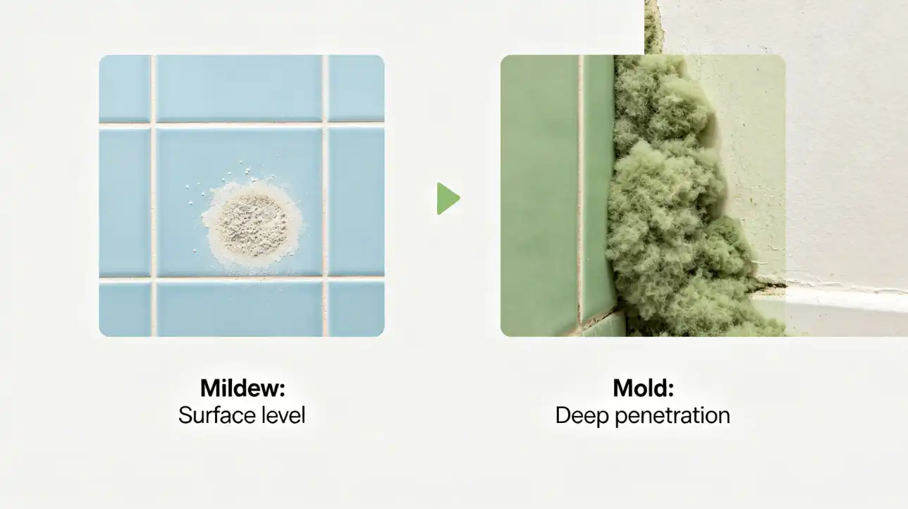 An infographic comparing flat, surface-level mildew on tiles with thick, deeply penetrating mold on drywall to help identify the source of musty odors.