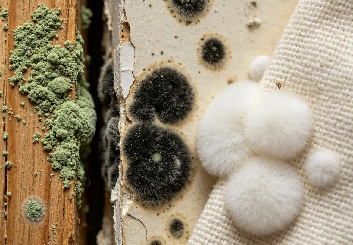 A close-up view showing the different colors and textures of common indoor molds like Aspergillus and Penicillium growing on household surfaces.