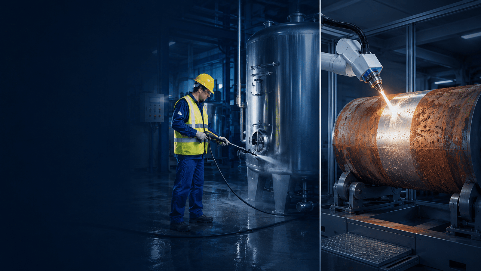 Laser cleaning compared with abrasive sandblasting on industrial metal