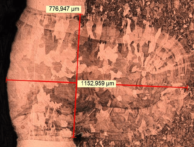 Copper weld cross section quality inspection under microscope