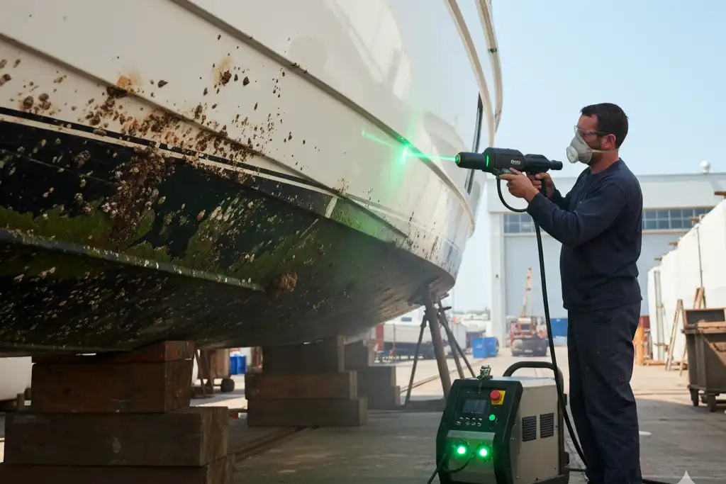 Use a laser cleaning machine to remove barnacles and algae from the yacht hull