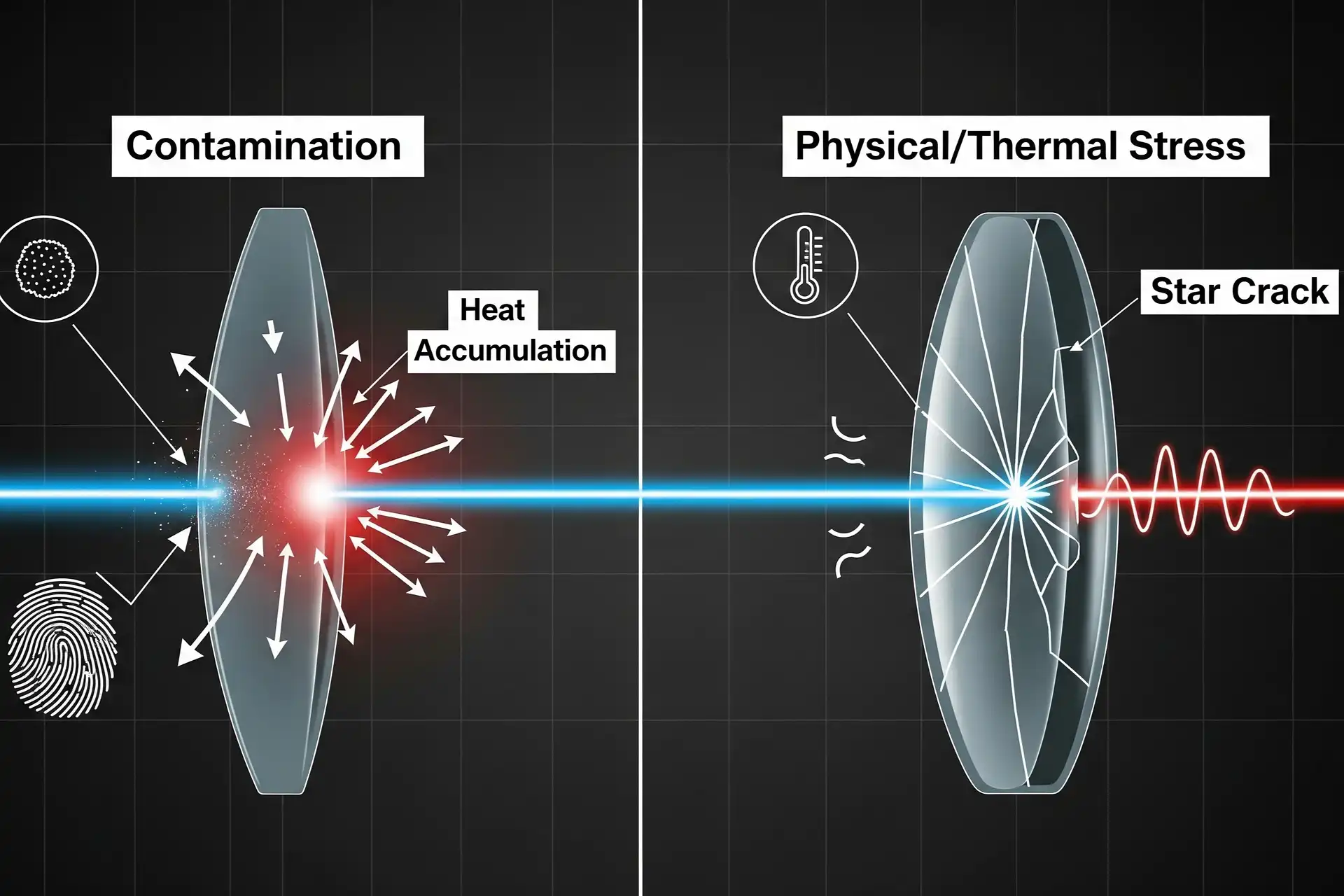 Analysis of reasons for cleaning and damage of laser lenses