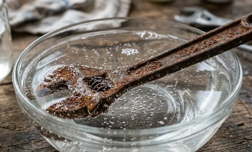 Figure 1: Close-up of a rusty tool submerged in white vinegar, showing the acetic acid reacting with iron oxide.