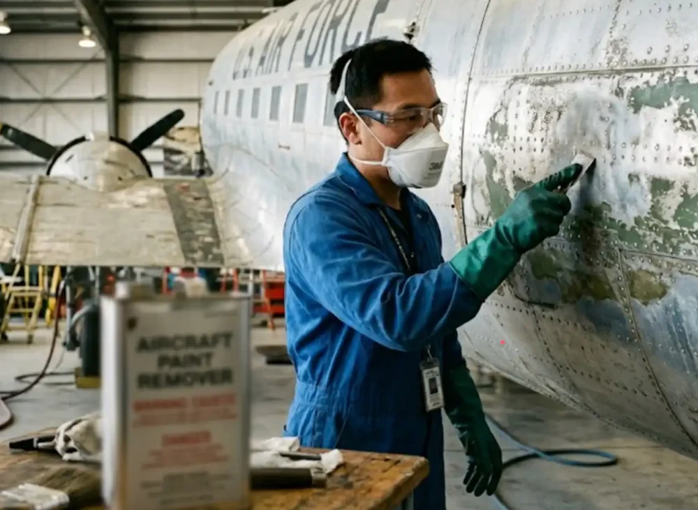 echnician in full protective gear preparing to use paint remover on an airplane fuselage.