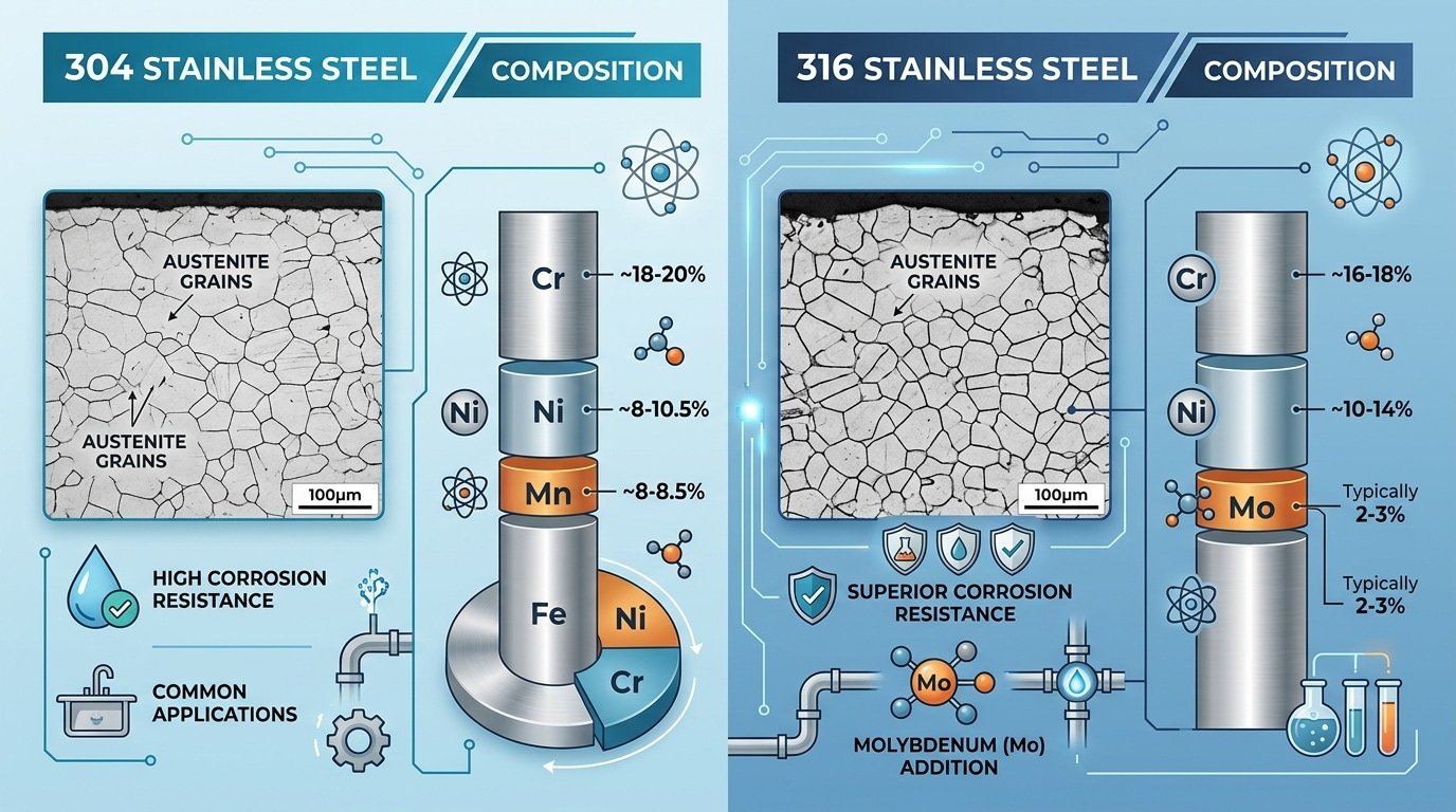 Alloy composition comparison diagram of 304 and 316 stainless steel showing chromium nickel and molybdenum content