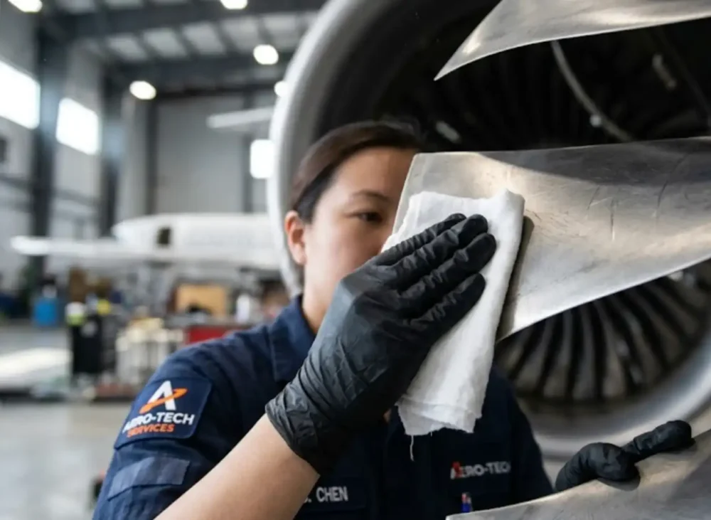A close-up view of an aircraft technician wiping jet engine fan blades in a hangar.