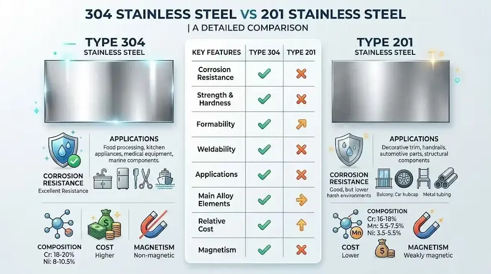 The difference between 304 stainless steel and 201 stainless steel