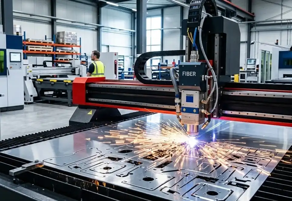 A modern industrial fiber laser cutting machine precisely cutting a nested pattern into a sheet of reflective aluminum, bright sparks, intense laser beam, clean manufacturing environment, highly detailed, realistic industrial photography.