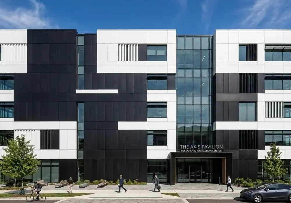 A modern architectural building facade featuring a mix of black anodized aluminum panels and white PVDF coated aluminum panels, bright sunny day, highly detailed, realistic architectural photography.