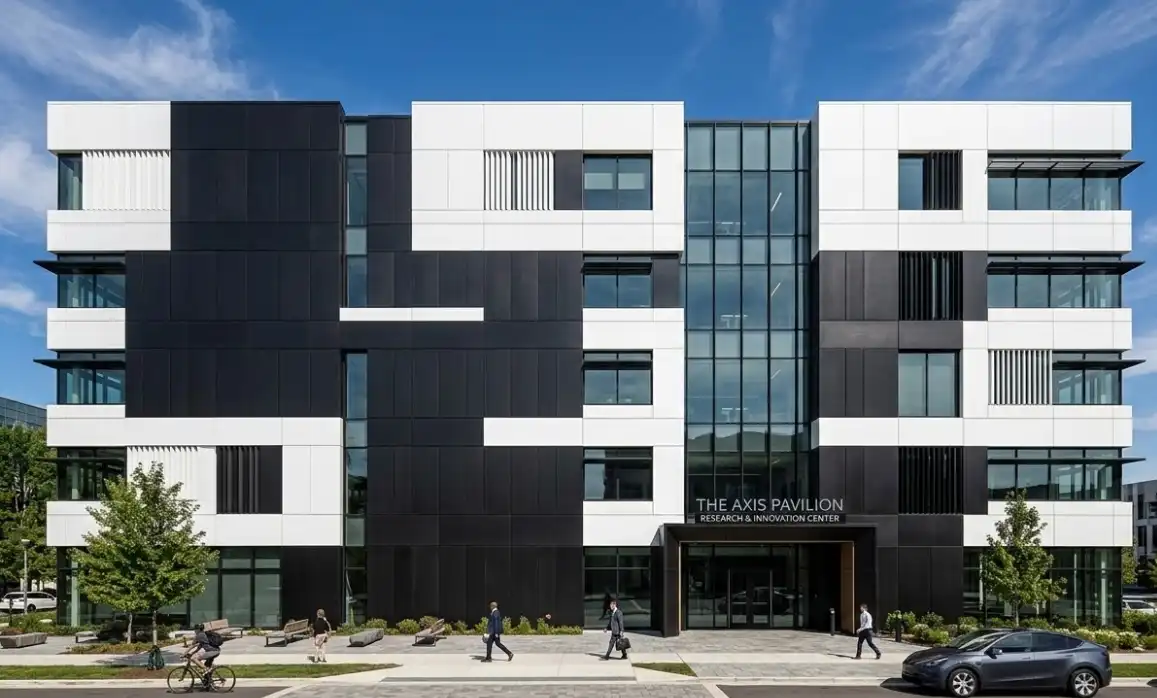A modern architectural building facade featuring a mix of black anodized aluminum panels and white PVDF coated aluminum panels, bright sunny day, highly detailed, realistic architectural photography.