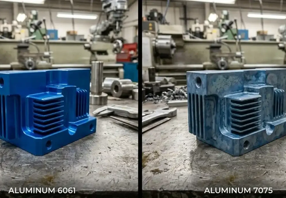 A side-by-side comparison photography showing two CNC machined aluminum parts. On the left, a 6061 aluminum part with a perfectly uniform, bright blue anodized finish. On the right, a 7075 aluminum part with a slightly mottled, duller blue finish, resting on a clean metallic workbench.