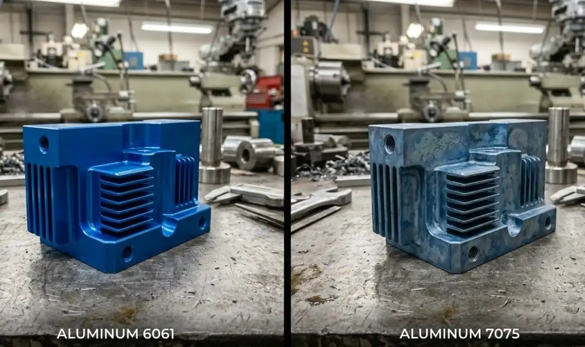 A side-by-side comparison photography showing two CNC machined aluminum parts. On the left, a 6061 aluminum part with a perfectly uniform, bright blue anodized finish. On the right, a 7075 aluminum part with a slightly mottled, duller blue finish, resting on a clean metallic workbench.