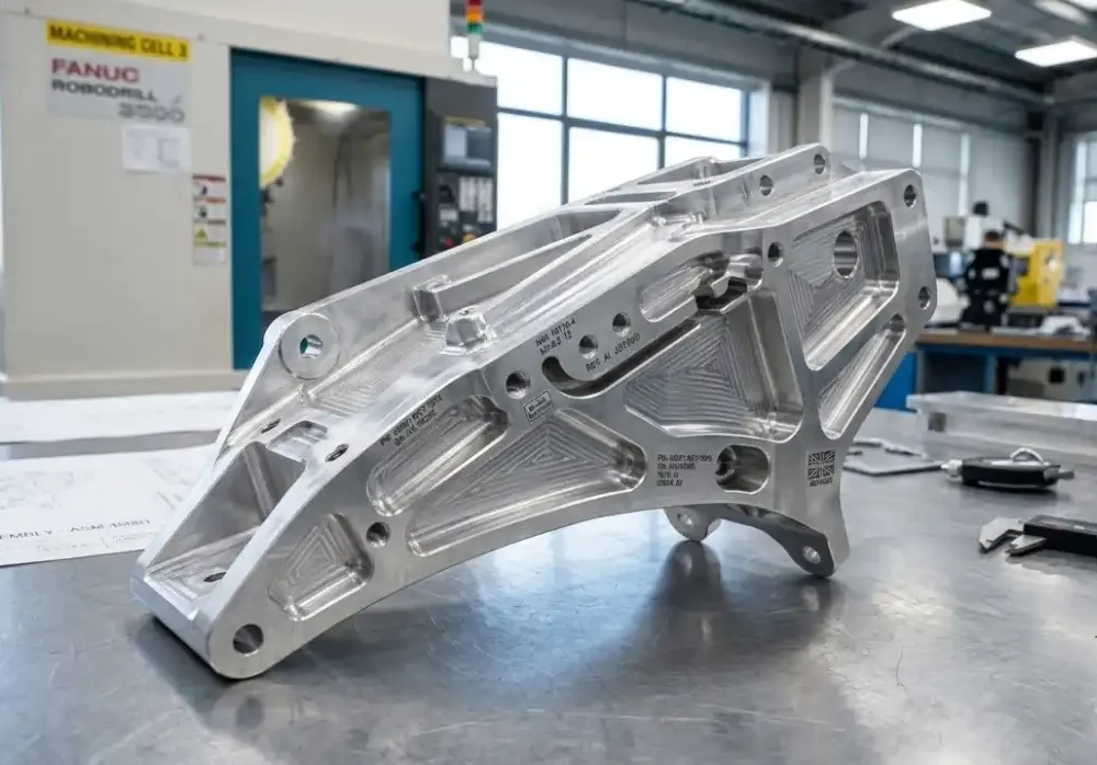 A highly detailed, precision CNC machined structural aerospace bracket made of 7075 aluminum, resting on a clean metallic workbench. The part has complex geometries and a smooth, raw metallic finish. Industrial engineering photography.