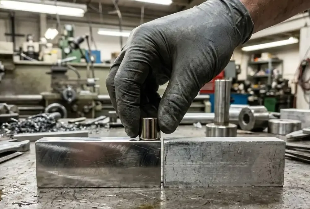 A close-up shot of a gloved hand holding a small, strong neodymium magnet against two pieces of metal side-by-side in a workshop. The magnet is sticking strongly to a shiny piece of stainless steel, but not reacting to a matte piece of aluminum. Industrial lighting, realistic engineering photography.