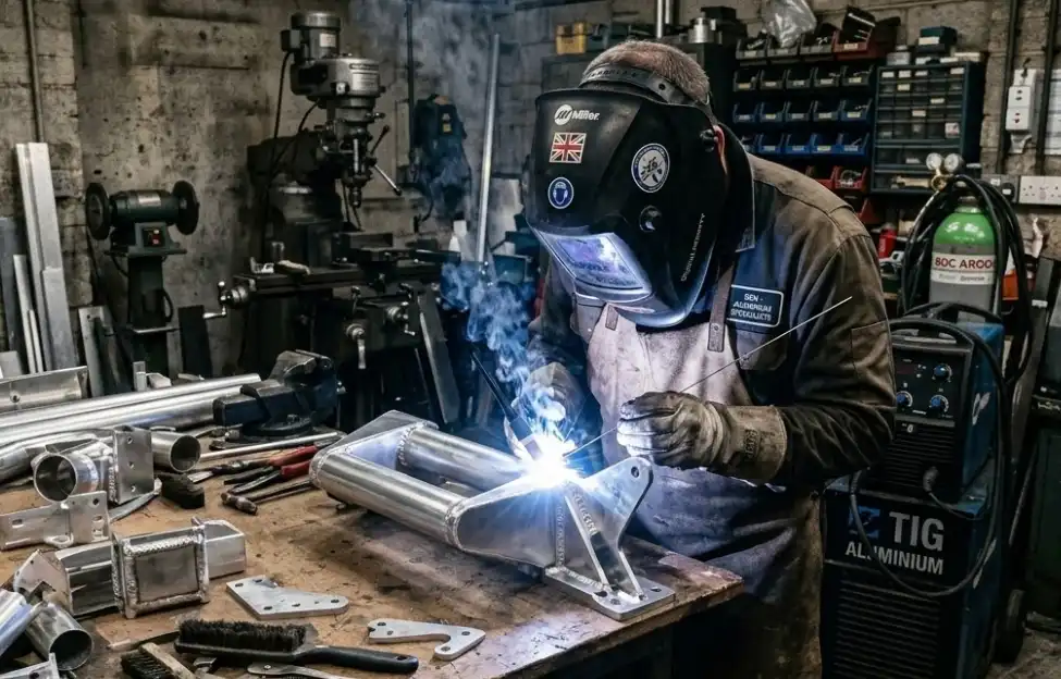 A real-life scene of a small workshop or garage, showcasing a welder focused on aluminum welding with bright arc light, clear welds, and partially completed aluminum parts, creating a professional and hardcore atmosphere.
