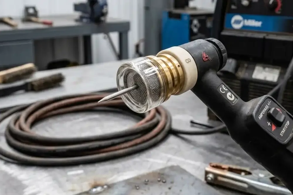 A close-up macro photography of a Heliarc TIG welding torch equipped with a gas lens, ceramic cup, and a perfectly sharpened tungsten electrode, clean industrial background, highly detailed.