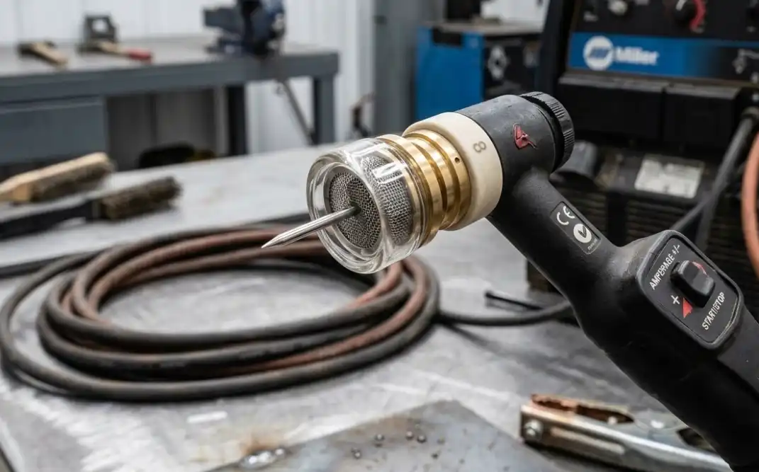 A close-up macro photography of a Heliarc TIG welding torch equipped with a gas lens, ceramic cup, and a perfectly sharpened tungsten electrode, clean industrial background, highly detailed.