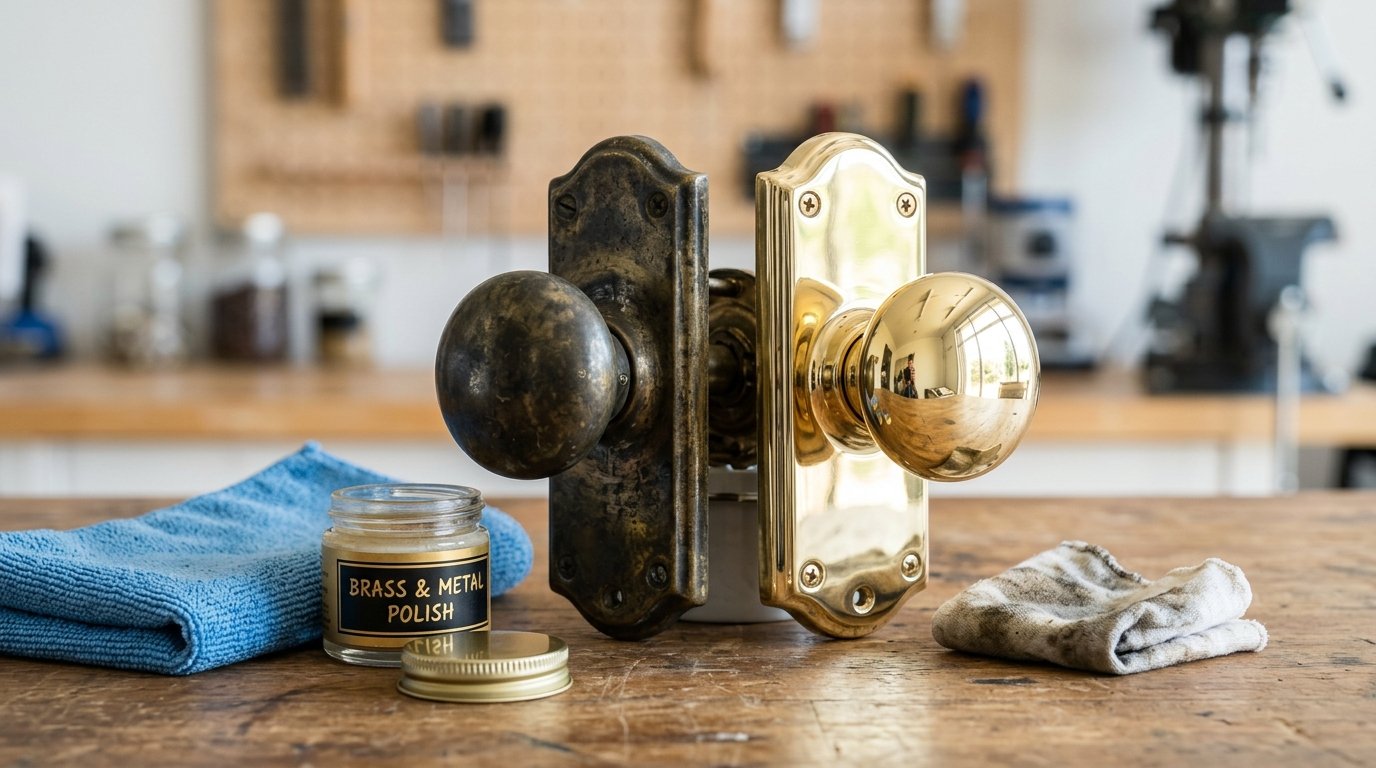 Before and after comparison of brass fixture treated with metal polish showing restored shine