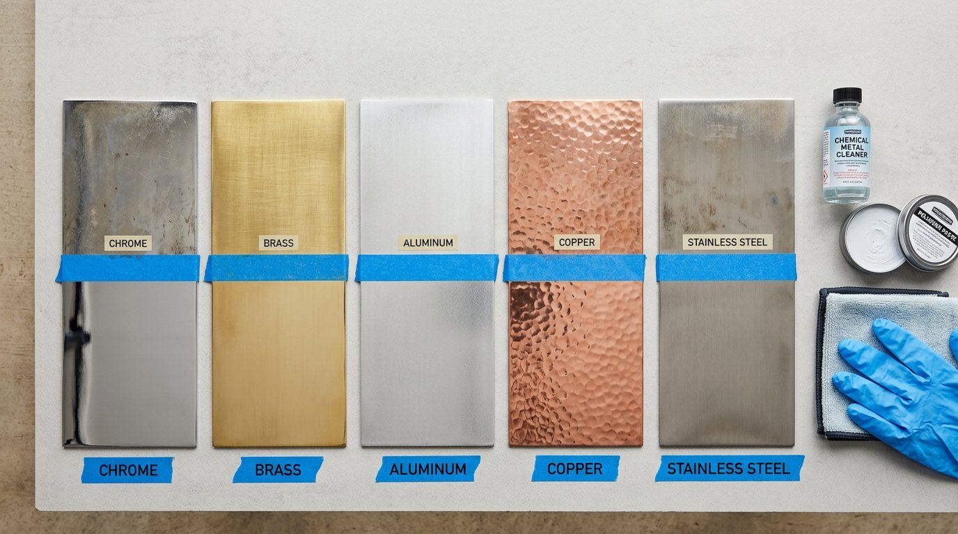 Metal polish testing setup showing five different metal panels with taped test zones and polish products