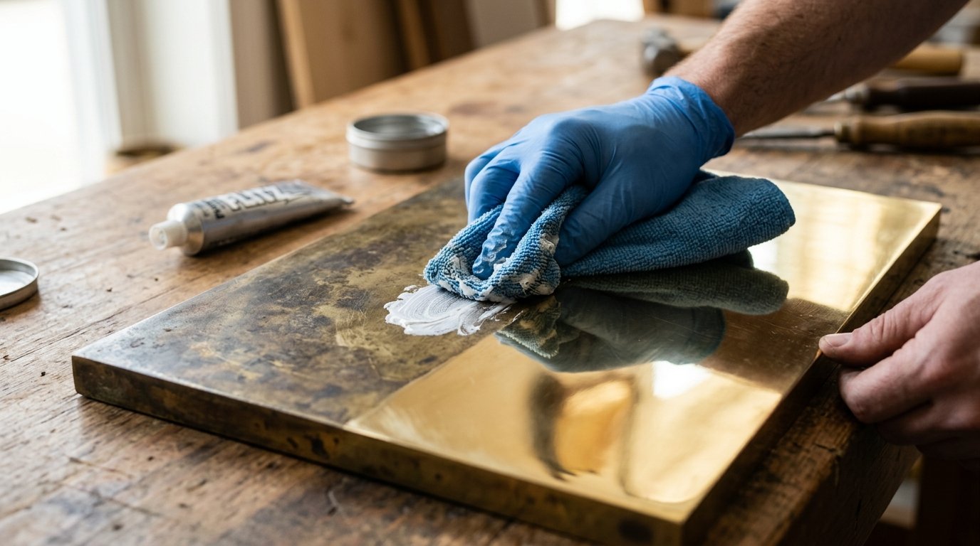 Flitz metal polish paste applied to brass surface showing before and after tarnish removal