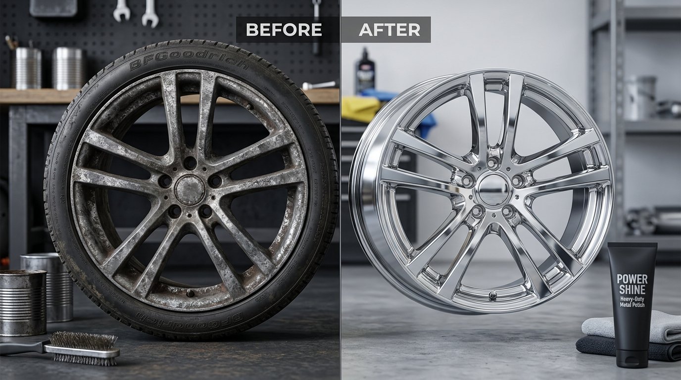 Oxidized aluminum wheel before and after heavy-duty metal polish restoration showing mirror finish