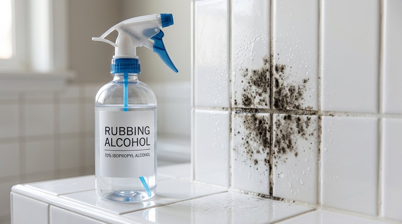 Rubbing alcohol spray bottle next to mold on bathroom tile surface